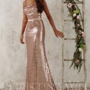 Christina Wu all over rose gold sequin long formal cocktail dress prom sz 4